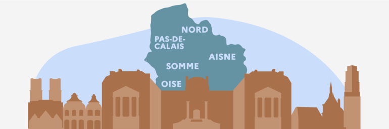 Illustration représentat la carte de ma région Hauts-de-France, avec un batiment célèbre par département