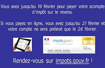 Paiement du 1er acompte provisionnel d'impôt sur le revenu : jusqu'au 21 février 2015 en ligne ou par smartphone sur le site internet impots.gouv.fr