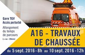 A16 (Saint Inglevert-Coquelles) : travaux de réfection de chaussée sens Boulogne-sur-Mer → Dunkerque