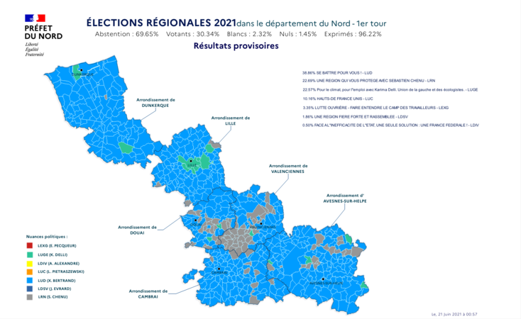 Carte des résultats des élections régionales dans le Nord