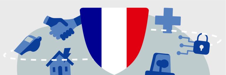 Illustration représentant un bouclier au couleurs de la France, avec des éléments visuels représentant les différentes rubriques