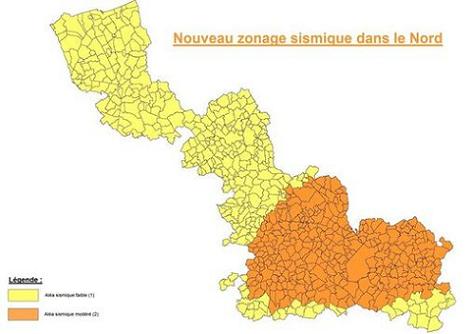 Carte du nouveau zonage du risque sismique dans le Nord