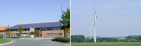 à gauche : Bâtiment équipé de panneaux solaires à Wambrechies - à droite Parc éolien à Bettignies 