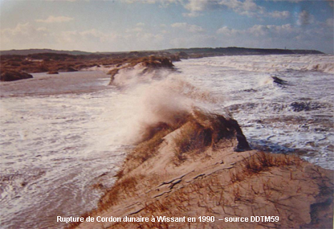Photo d'une rupture de cordon dunaire à Wissant en 1990
